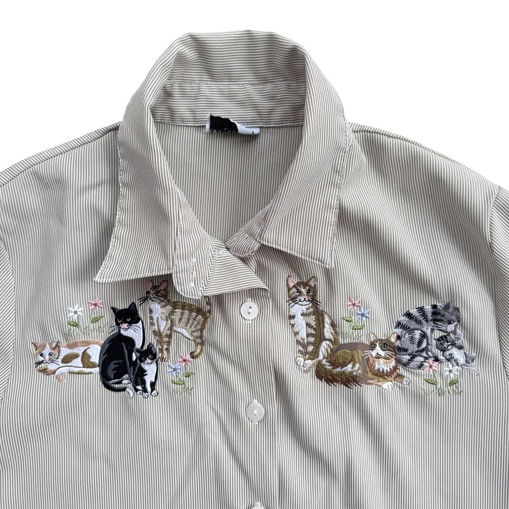 Vtg 1990s Bonsworth Button Down Shirt Women's Petite Playful Kittens Embroidered